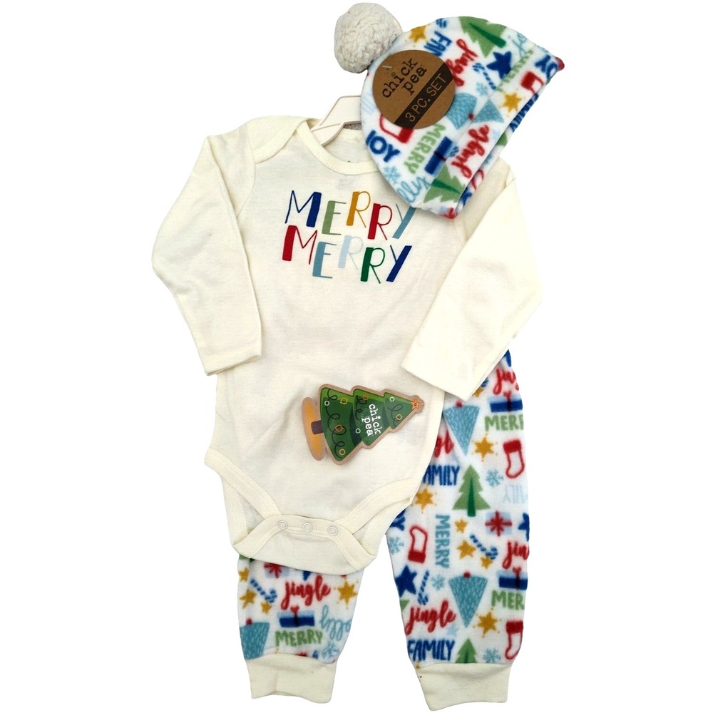 Chick Pea Baby 6 9 Mos Merry Holiday 3pc Outfit‎ Set Cotton Fleece Pants Hat